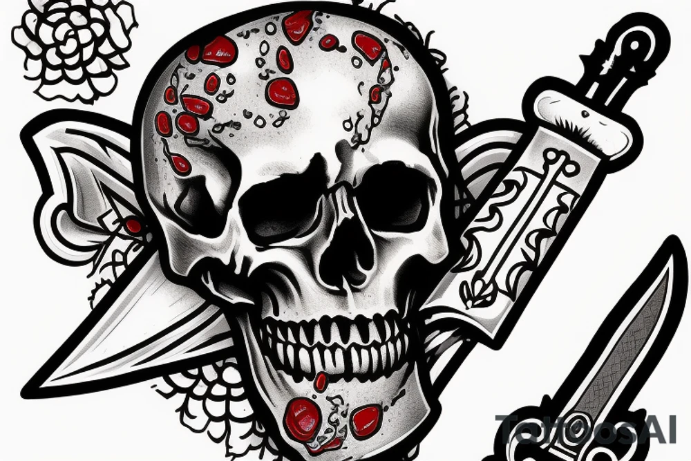 Skull with dagger stabbing it, and blood drops all around it tattoo idea