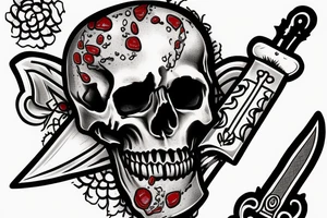 Skull with dagger stabbing it, and blood drops all around it tattoo idea