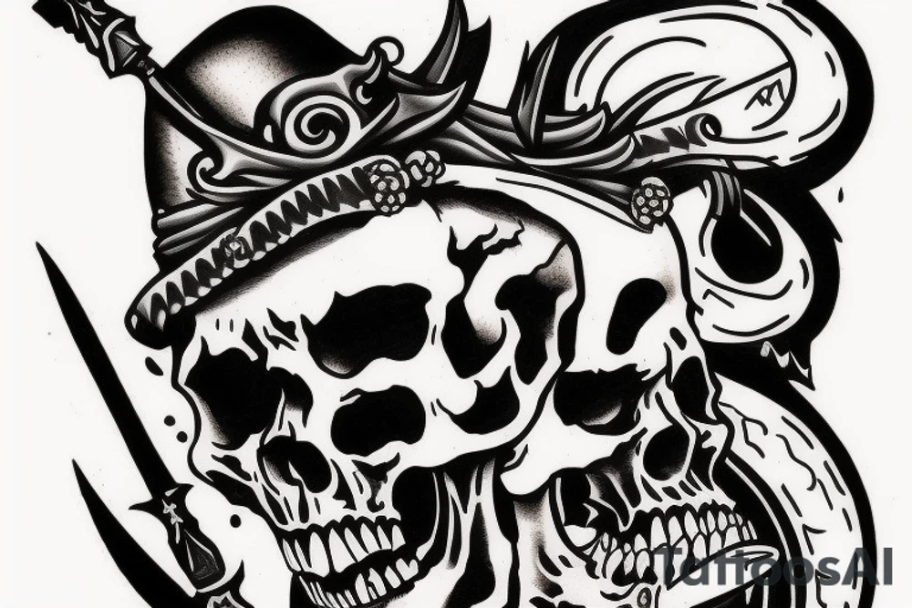 Skull with dagger stabbing it, and blood drops all around it tattoo idea