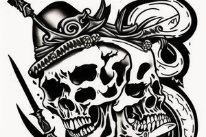 Skull with dagger stabbing it, and blood drops all around it tattoo idea