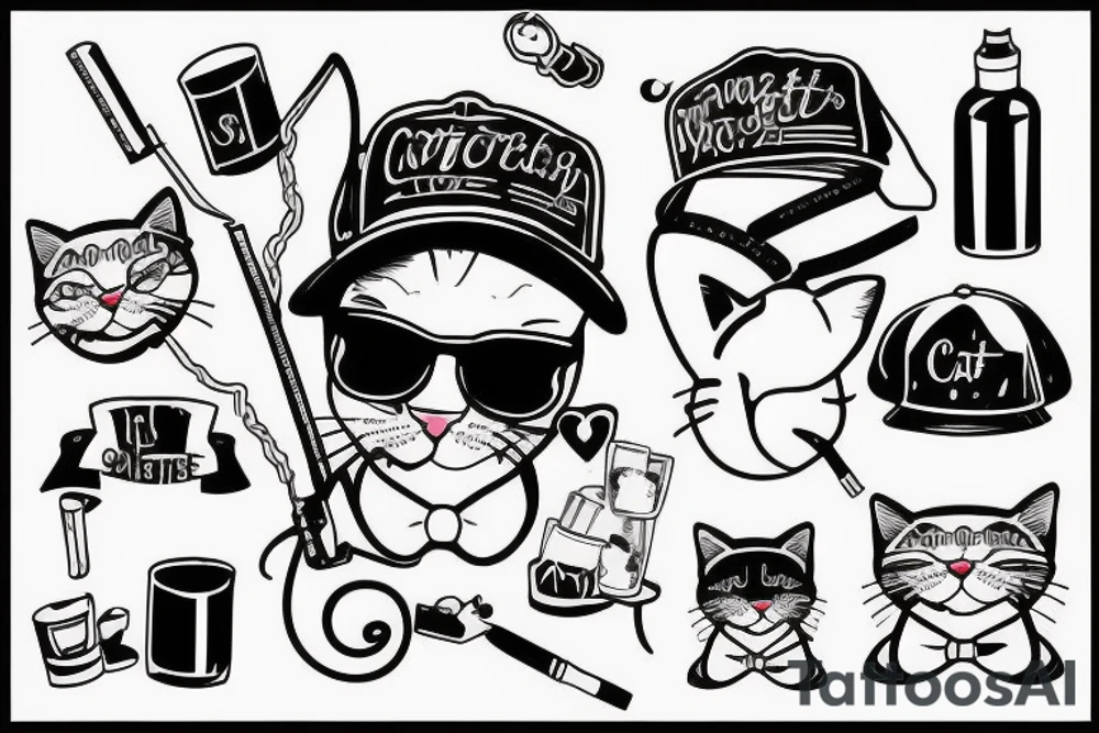 Cat with a cap and a cigarette being drunk tattoo idea