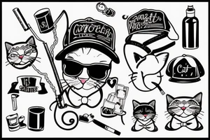 Cat with a cap and a cigarette being drunk tattoo idea