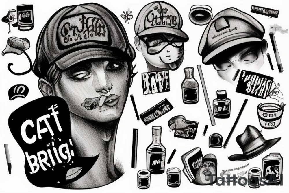 Cat with a cap and a cigarette being drunk tattoo idea