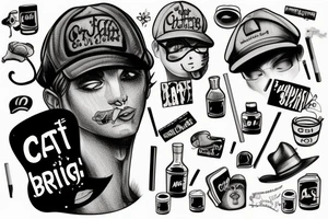 Cat with a cap and a cigarette being drunk tattoo idea