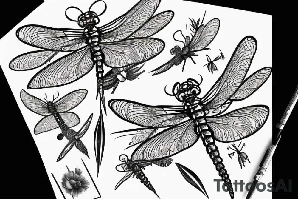 dragonfly landing on flower spine tattoo idea