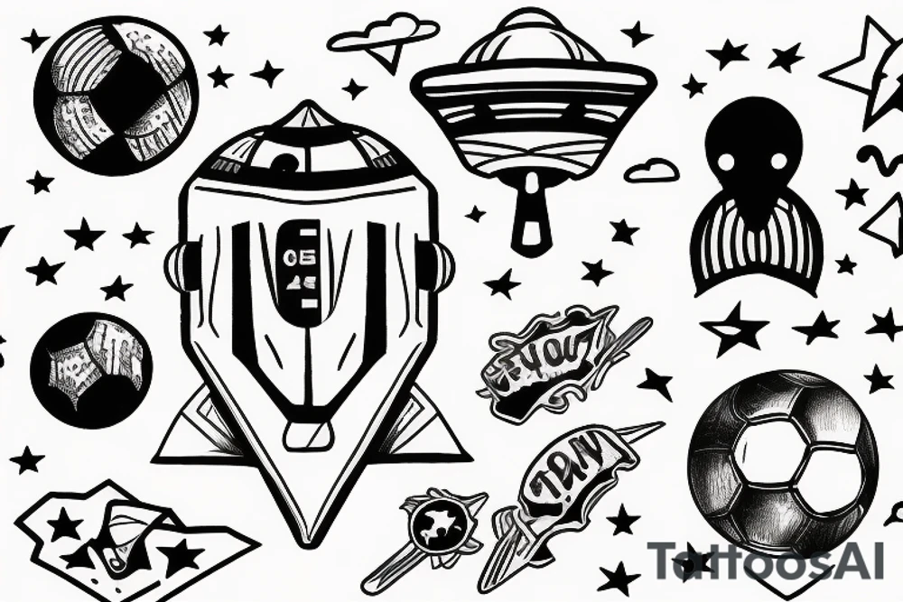 UFO in the sky watching a boy play soccer tattoo idea