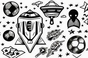 UFO in the sky watching a boy play soccer tattoo idea