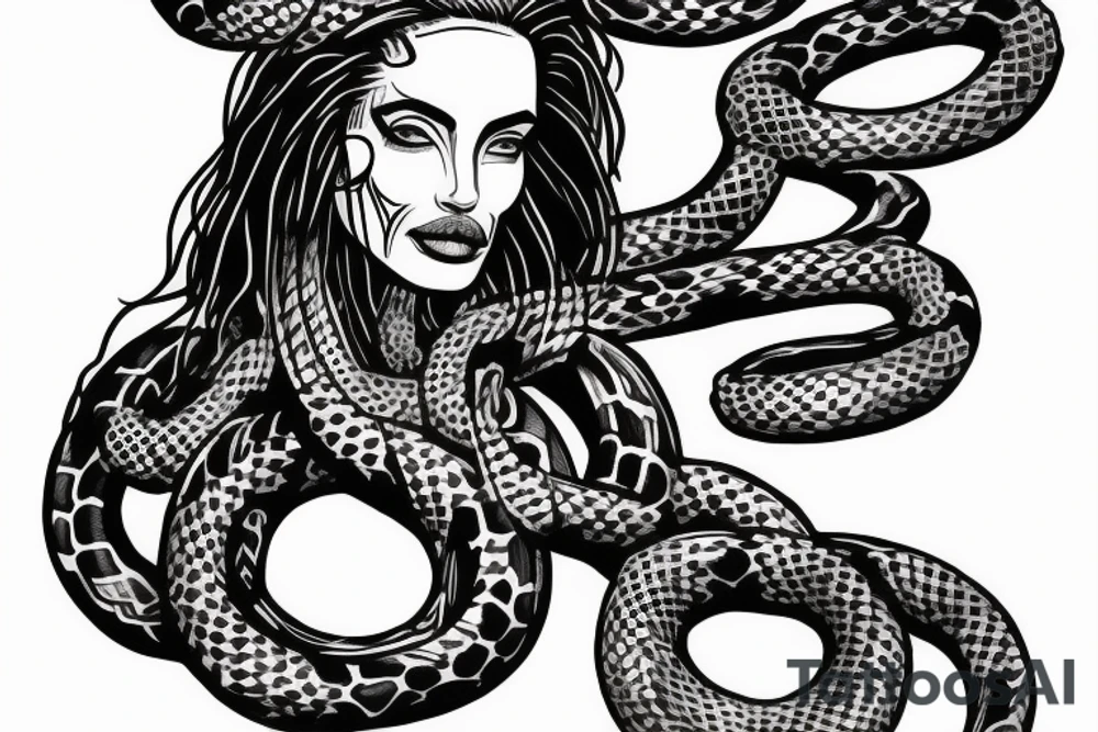 Aztec queen with Medusa snakes on her head and Angelina Jolie’s face tattoo idea