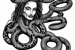 Aztec queen with Medusa snakes on her head and Angelina Jolie’s face tattoo idea