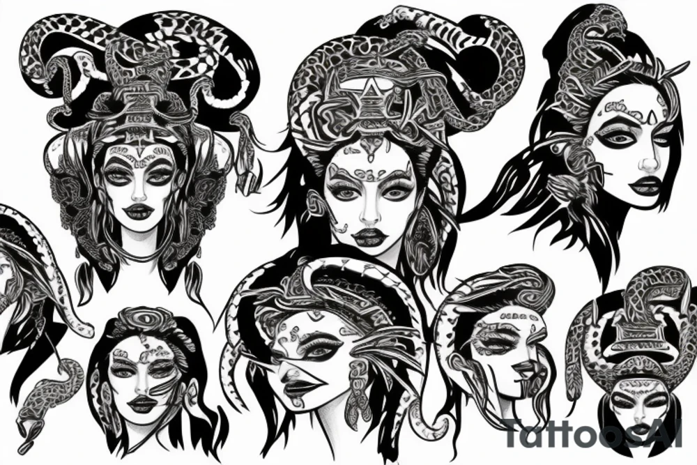 Aztec queen with Medusa snakes on her head and Angelina Jolie’s face tattoo idea