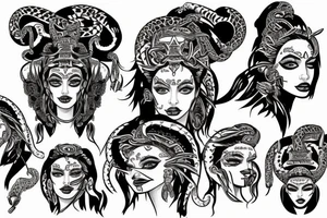 Aztec queen with Medusa snakes on her head and Angelina Jolie’s face tattoo idea