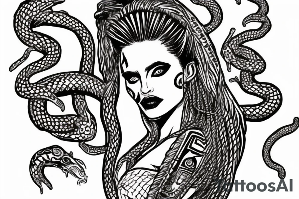 Aztec queen with Medusa snakes on her head and Angelina Jolie’s face tattoo idea