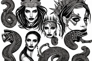 Aztec queen with Medusa snakes on her head and Angelina Jolie’s face tattoo idea