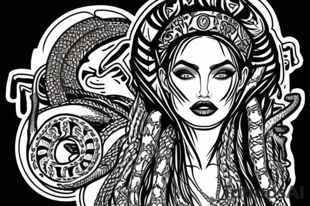 Aztec queen with Medusa snakes on her head and Angelina Jolie’s face tattoo idea