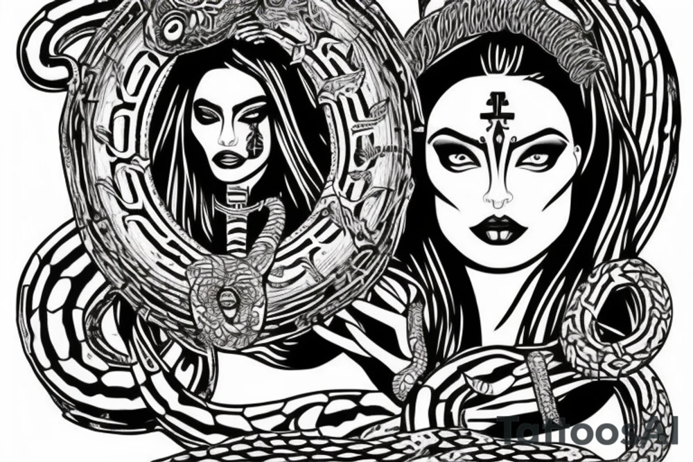 Aztec queen with Medusa snakes on her head and Angelina Jolie’s face tattoo idea