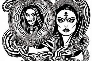 Aztec queen with Medusa snakes on her head and Angelina Jolie’s face tattoo idea