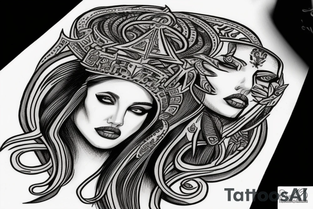 Medusa with Angelina Jolie’s face with an Aztec crown tattoo idea