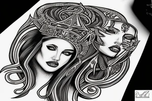 Medusa with Angelina Jolie’s face with an Aztec crown tattoo idea