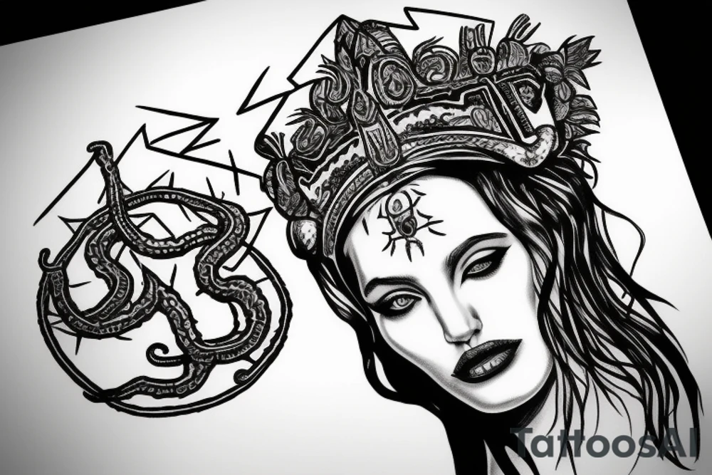 Medusa with Angelina Jolie’s face with an Aztec crown tattoo idea