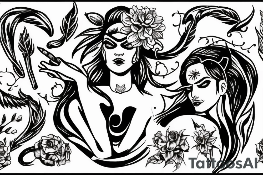 Woman with demon horns and a blindfold and flowers tattoo idea