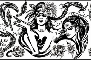 Woman with demon horns and a blindfold and flowers tattoo idea