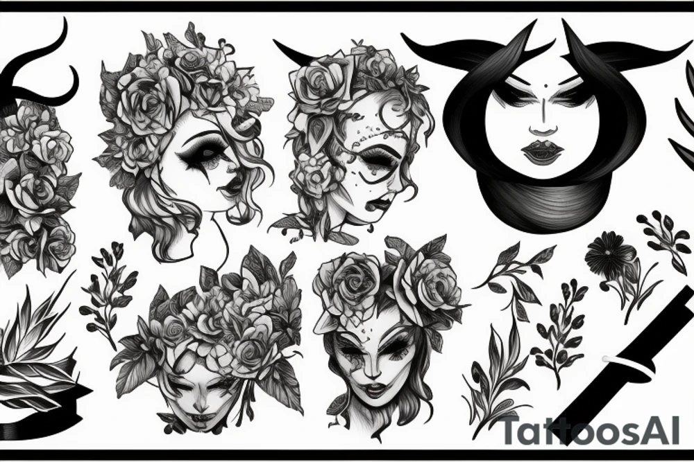 Woman with demon horns and a blindfold and flowers tattoo idea