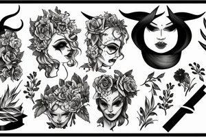 Woman with demon horns and a blindfold and flowers tattoo idea