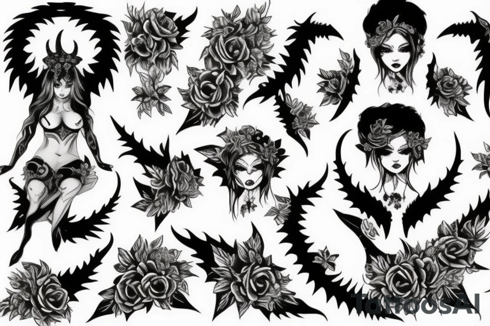 Succubus with demon horns surrounded by flowers tattoo idea