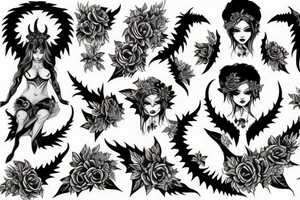 Succubus with demon horns surrounded by flowers tattoo idea
