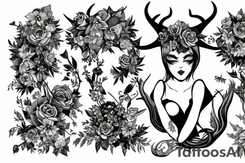Succubus with demon horns surrounded by flowers tattoo idea