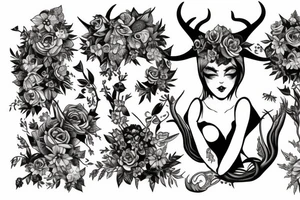 Succubus with demon horns surrounded by flowers tattoo idea