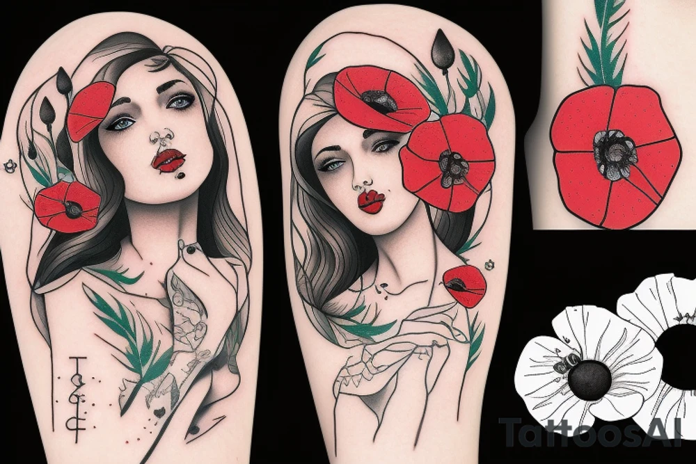 beauty girl with poppy flower trash polka style tattoo idea