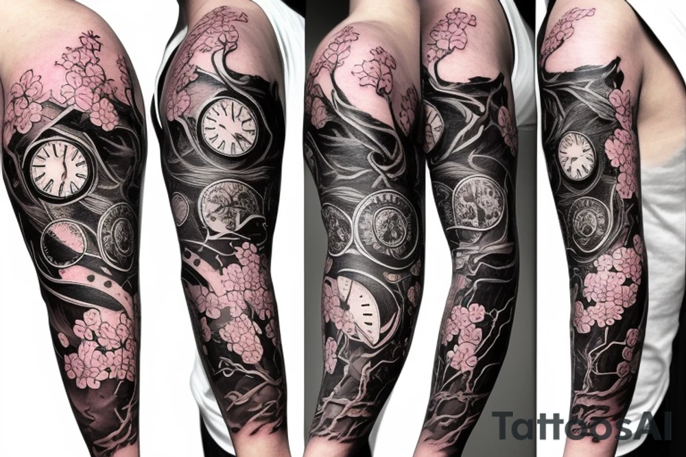 Tattoo sleeve with clock, eye, tree, cherry blossom, Japanese theme, tattoo idea
