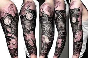 Tattoo sleeve with clock, eye, tree, cherry blossom, Japanese theme, tattoo idea