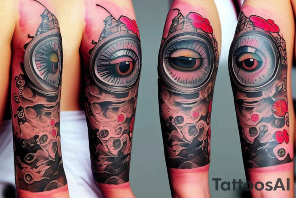 Tattoo sleeve with clock, eye, tree, cherry blossom, Japanese theme, tattoo idea