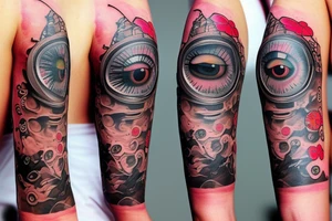 Tattoo sleeve with clock, eye, tree, cherry blossom, Japanese theme, tattoo idea