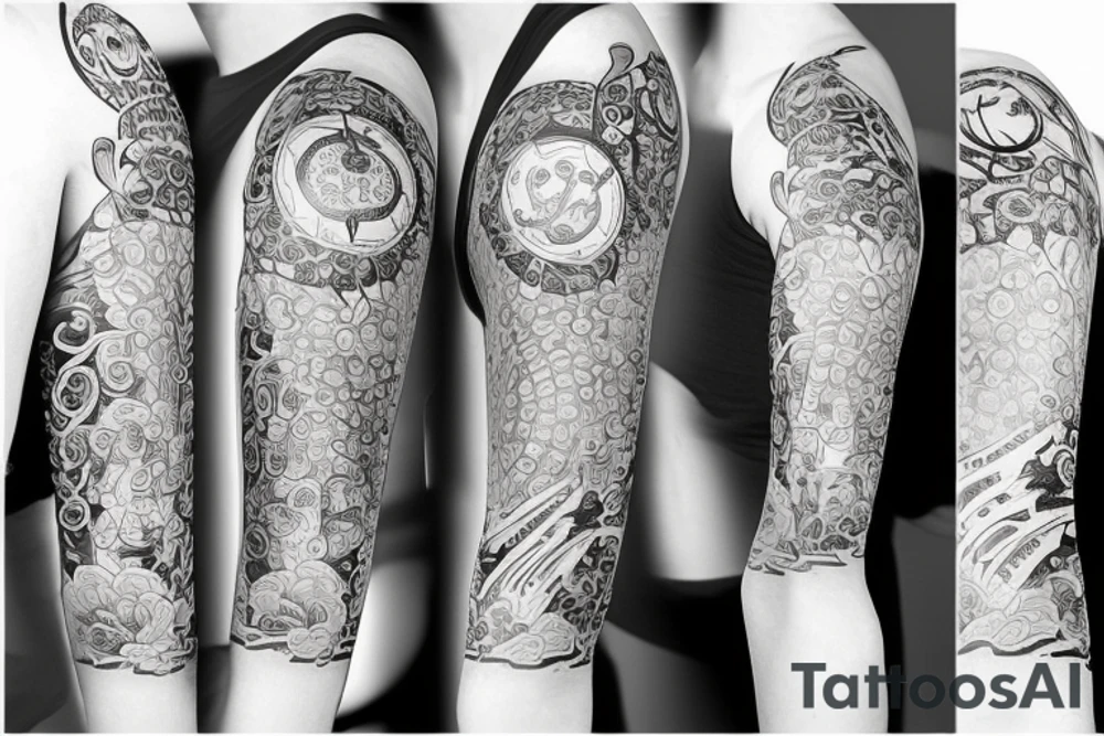 Tattoo sleeve with clock, eye, willow tree, cherry blossoms, Japanese theme, lotus, tattoo idea