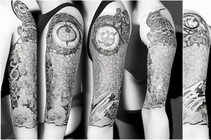 Tattoo sleeve with clock, eye, willow tree, cherry blossoms, Japanese theme, lotus, tattoo idea