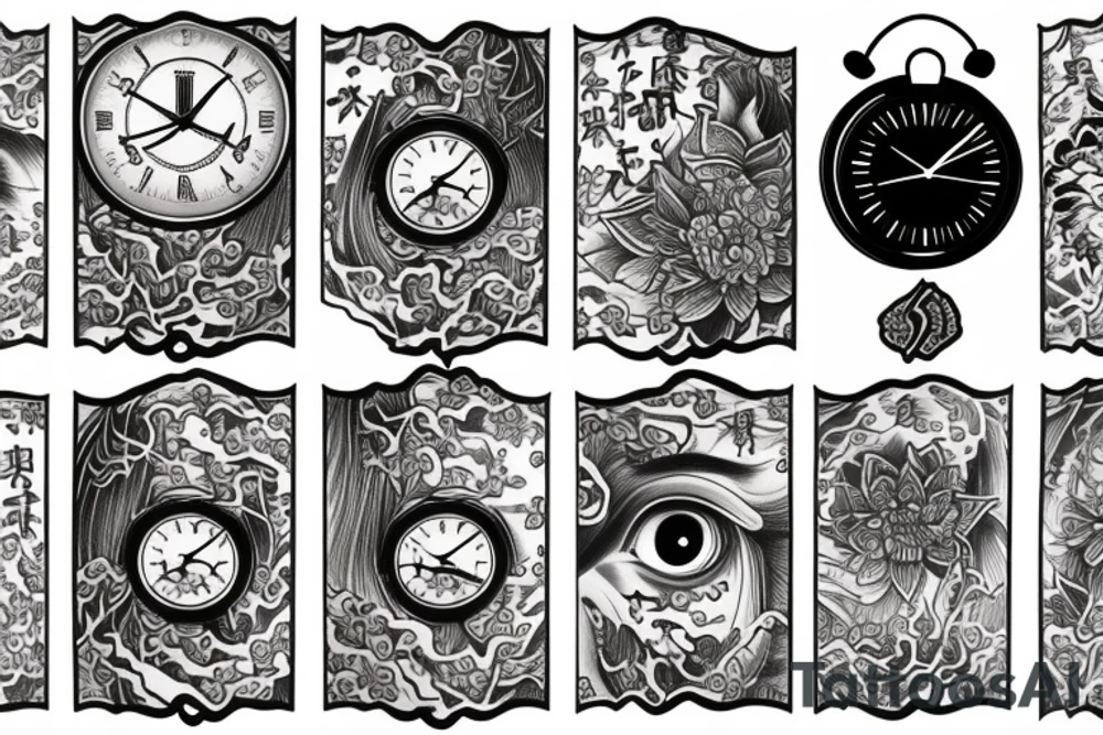 Tattoo sleeve with clock, eye, willow tree, cherry blossoms, Japanese theme, lotus, tattoo idea