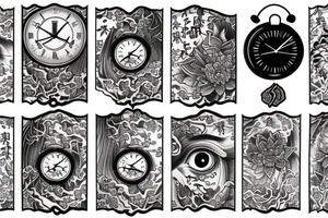 Tattoo sleeve with clock, eye, willow tree, cherry blossoms, Japanese theme, lotus, tattoo idea