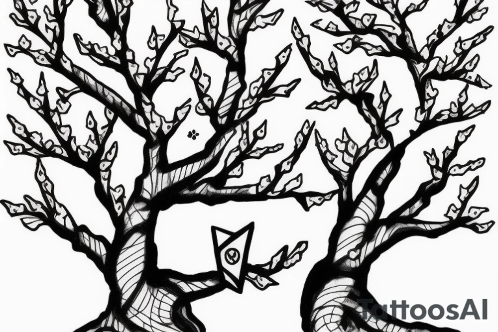 Cherry blossom tree with kunai thrown into the trunk tattoo idea