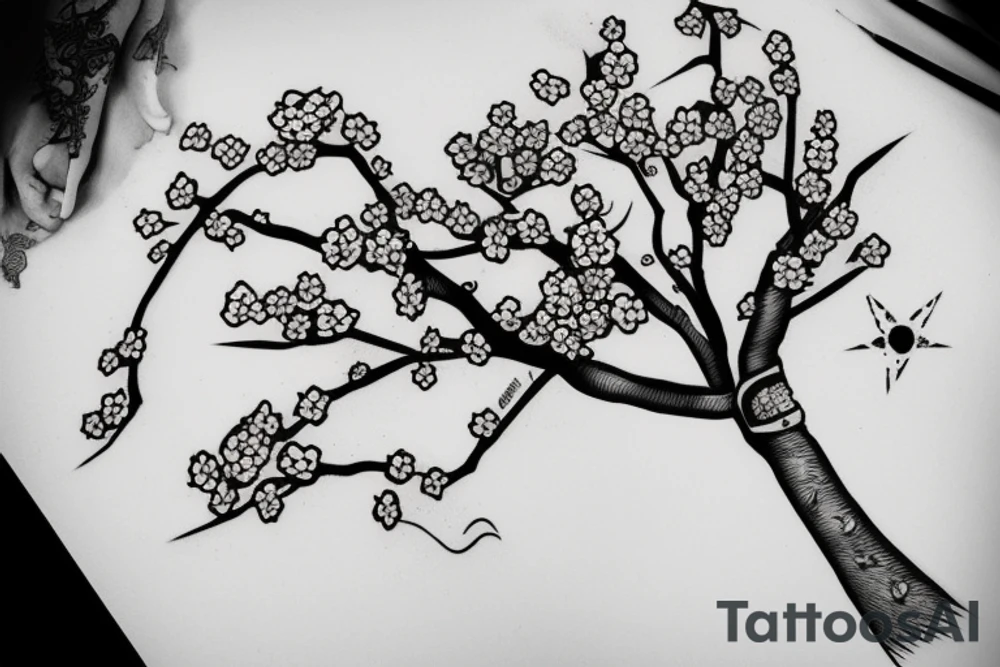 Cherry blossom tree with kunai thrown into the trunk tattoo idea