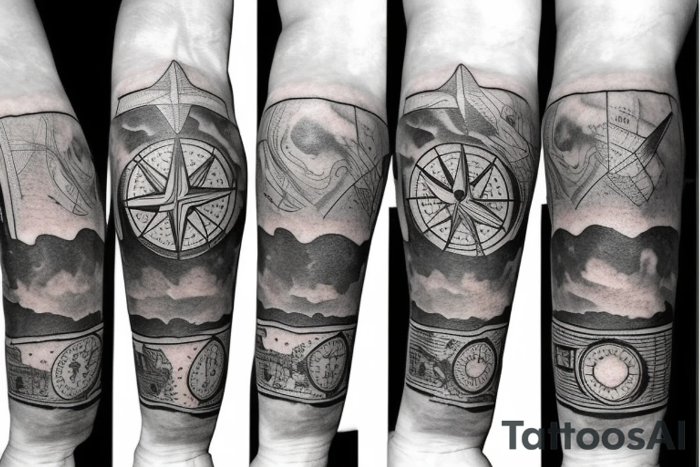 Compass, airplane, visa stamp, luggage in the forearm tattoo idea