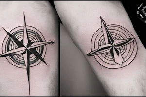 Compass, airplane, visa stamp, luggage in the forearm tattoo idea