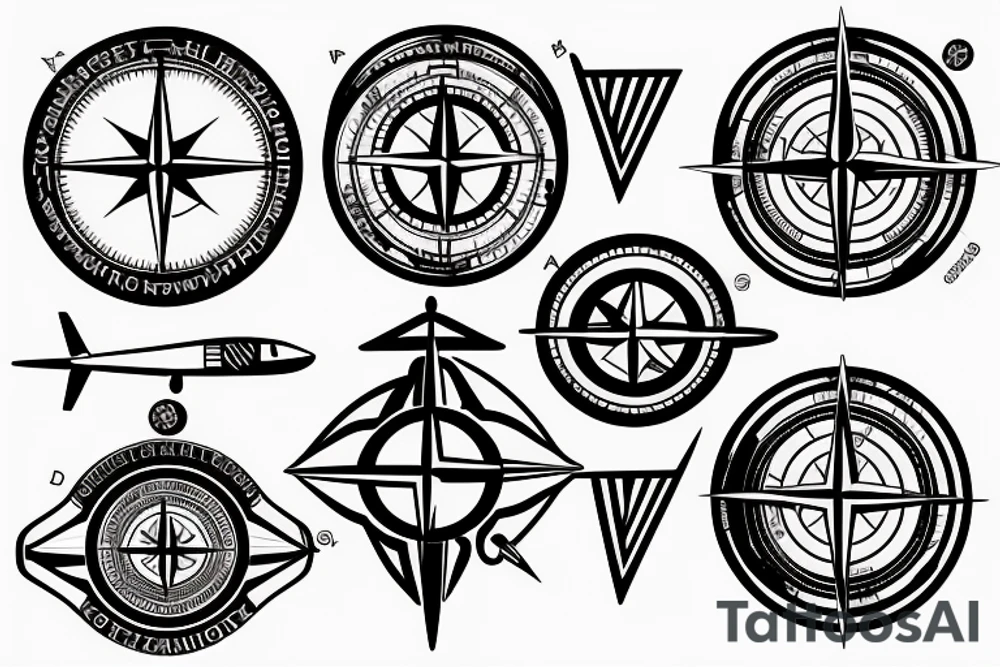 Compass, airplane, visa stamp, luggage in the forearm tattoo idea