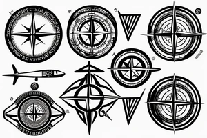 Compass, airplane, visa stamp, luggage in the forearm tattoo idea