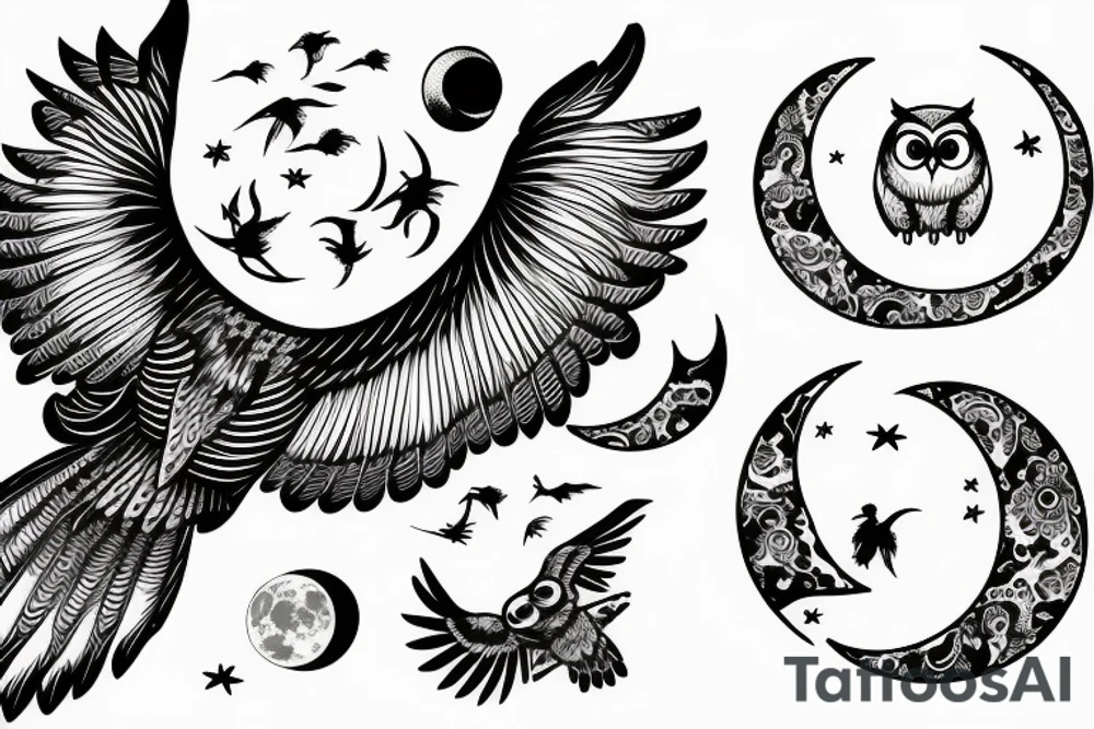 Owl flighing up in front of moon, over wood tattoo idea