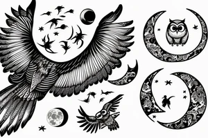 Owl flighing up in front of moon, over wood tattoo idea