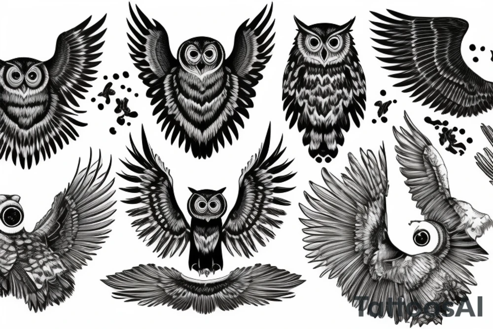 Owl open wings in front of moon tattoo idea