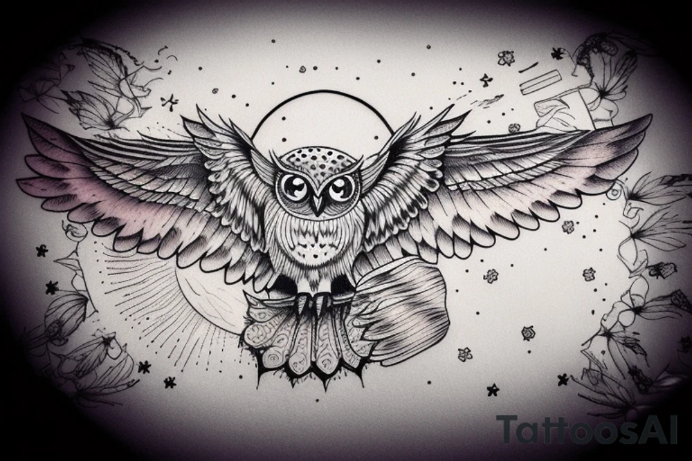 Owl open wings in front of moon tattoo idea